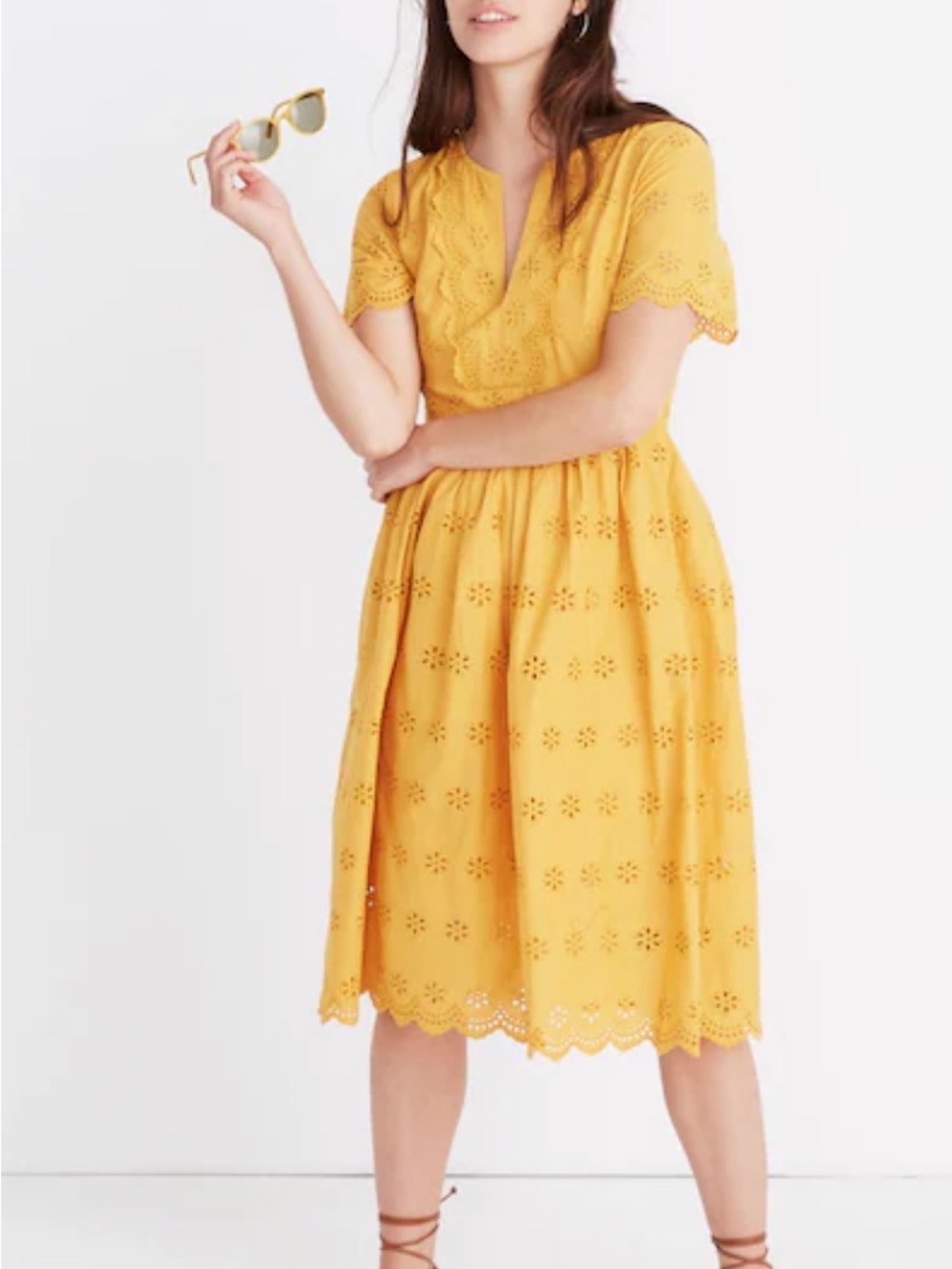 Madewell Scalloped Eyelet Midi Dress Mustard Yellow 100% Cotton Size 6